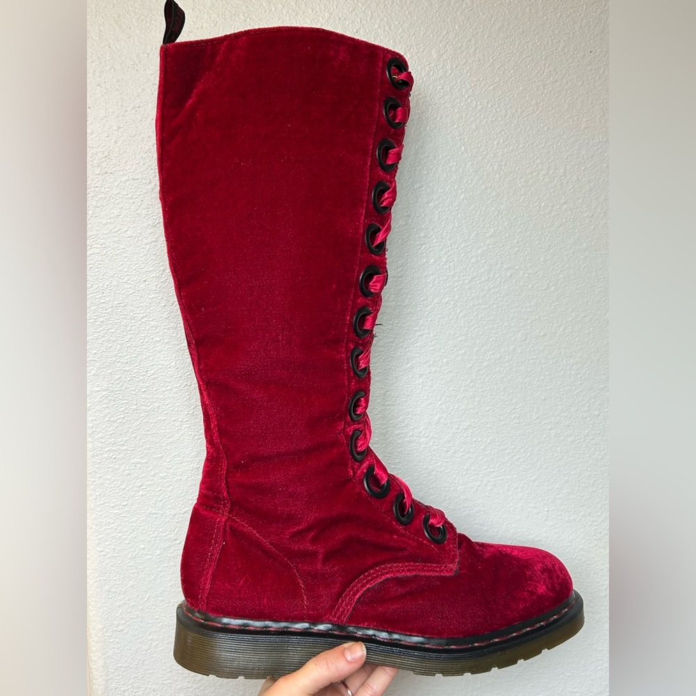 RARE Dr Martens red velvet  20 eye tall knee high zip Combat boots Men10 Women11 - Picture 4 of 16